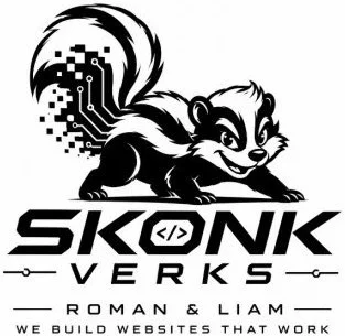 Stylized raccoon drawing with digital circuit tail above the text 'Sconk Verks' with 'Roman & Liam' and tagline 'We build websites that work'