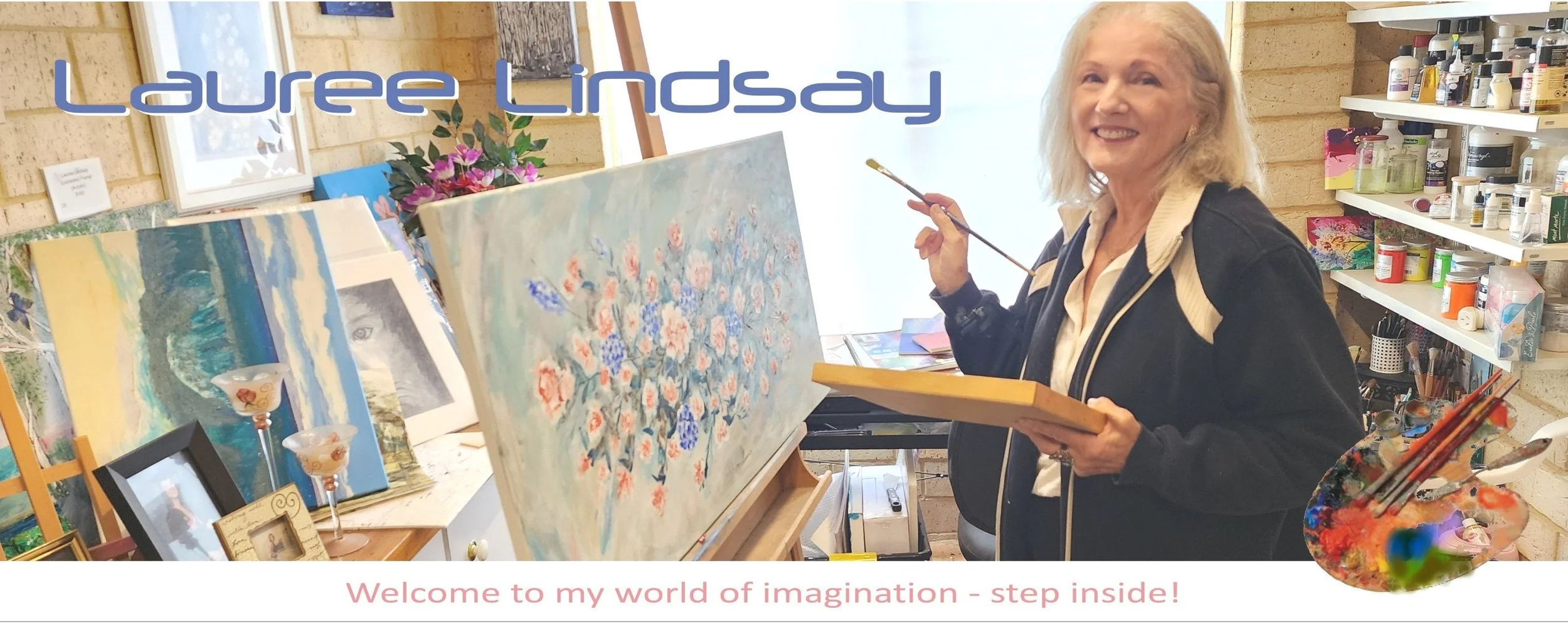 West Australian Artist Lauree Lindsay working on a floral painting in her studio. Surrounded by examples of her original artwork.