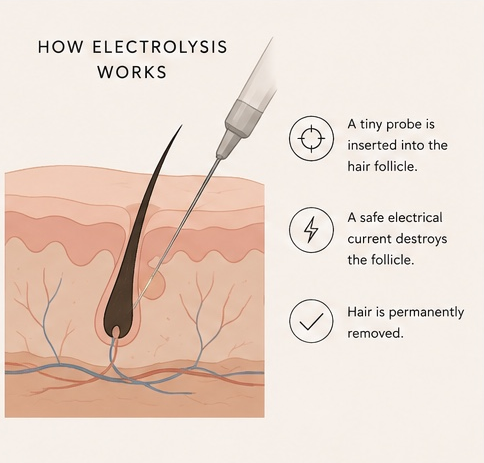 Diagram explaining how electrolysis hair removal works, showing a tiny probe inserted into a hair follicle, a safe electrical current destroying the follicle, and hair permanently removed.