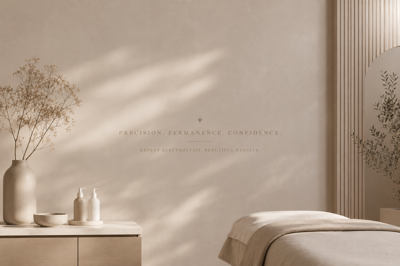A neutral-toned spa or clinic room with a bed, minimalist decor, a white vase with branches, two lotion bottles, and a wall with the words "Precision. Permanence. Confidence." and the phrase "Expert electrolysis. Beautiful results."