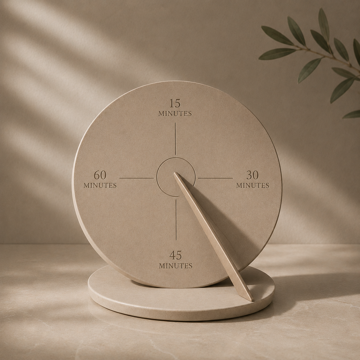 Neutral-colored round timer with a single hand, set to approximately 40 minutes, on a base with soft lighting and shadow, with a branch of green leaves in the background.