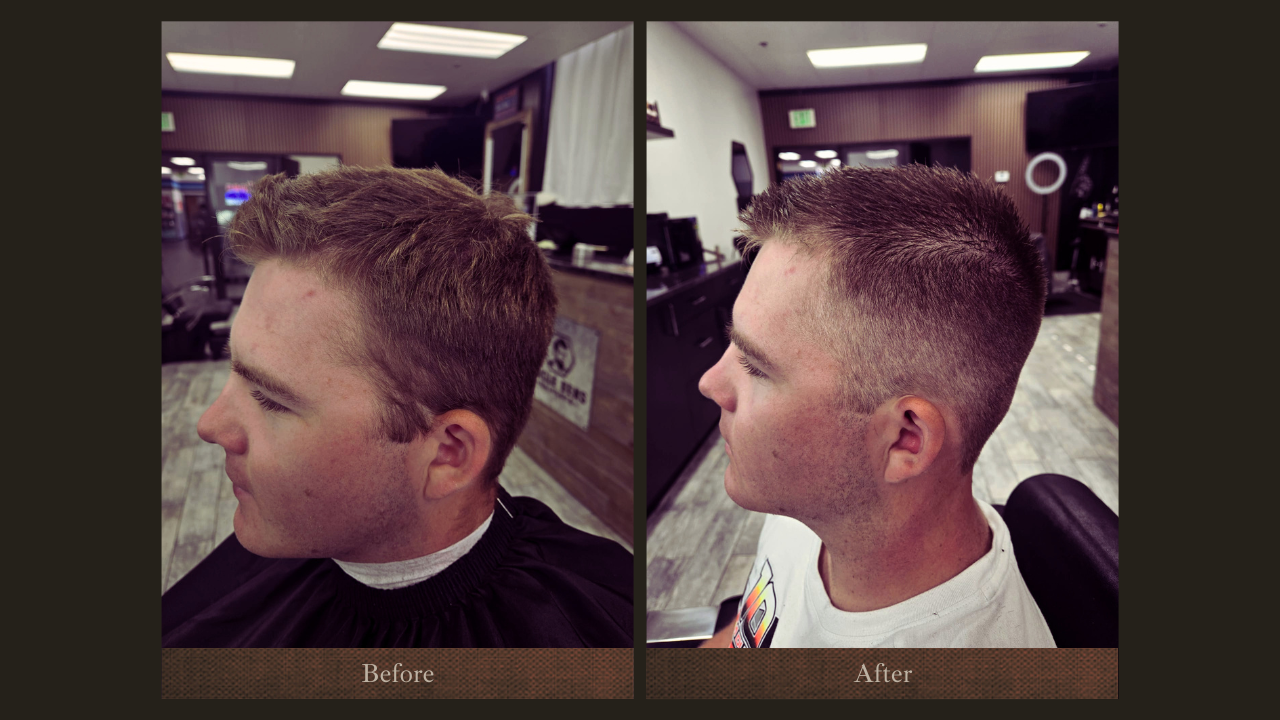 Side-by-side comparison of a young man's haircut before and after getting a fresh fade. The left image shows the hair longer on top with a natural style, while the right image shows a neatly tapered fade on the sides and back, with shorter hair on to