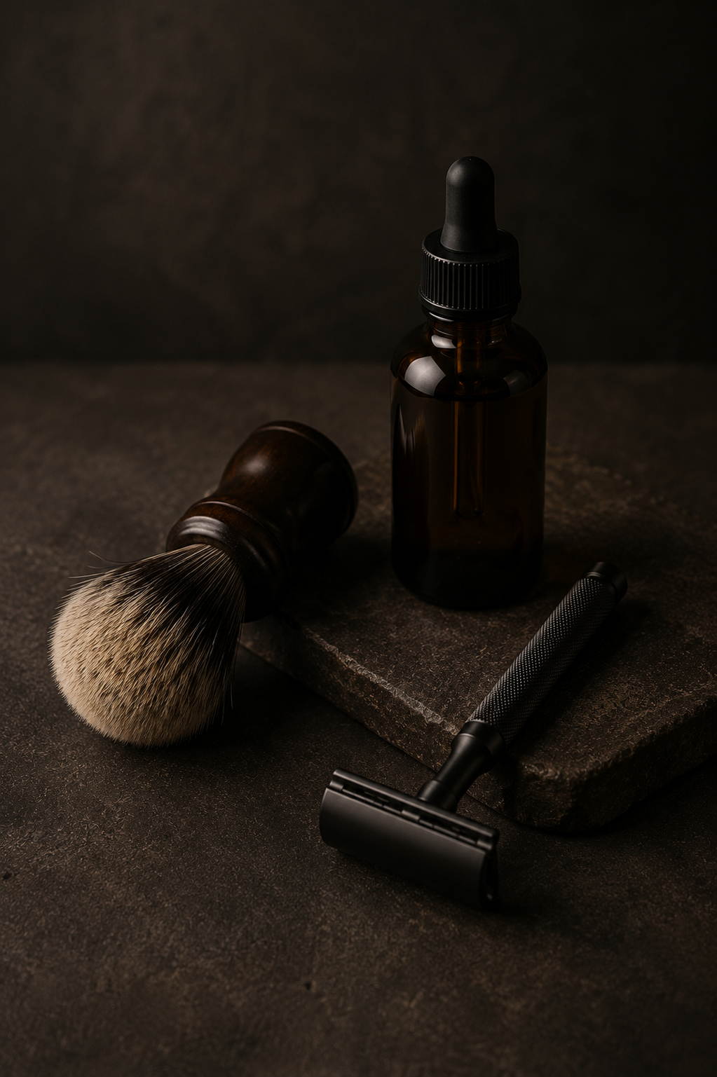 A shaving kit with a shaving brush, a safety razor, a brown glass dropper bottle, and a black textured handle razor, placed on a dark textured surface.