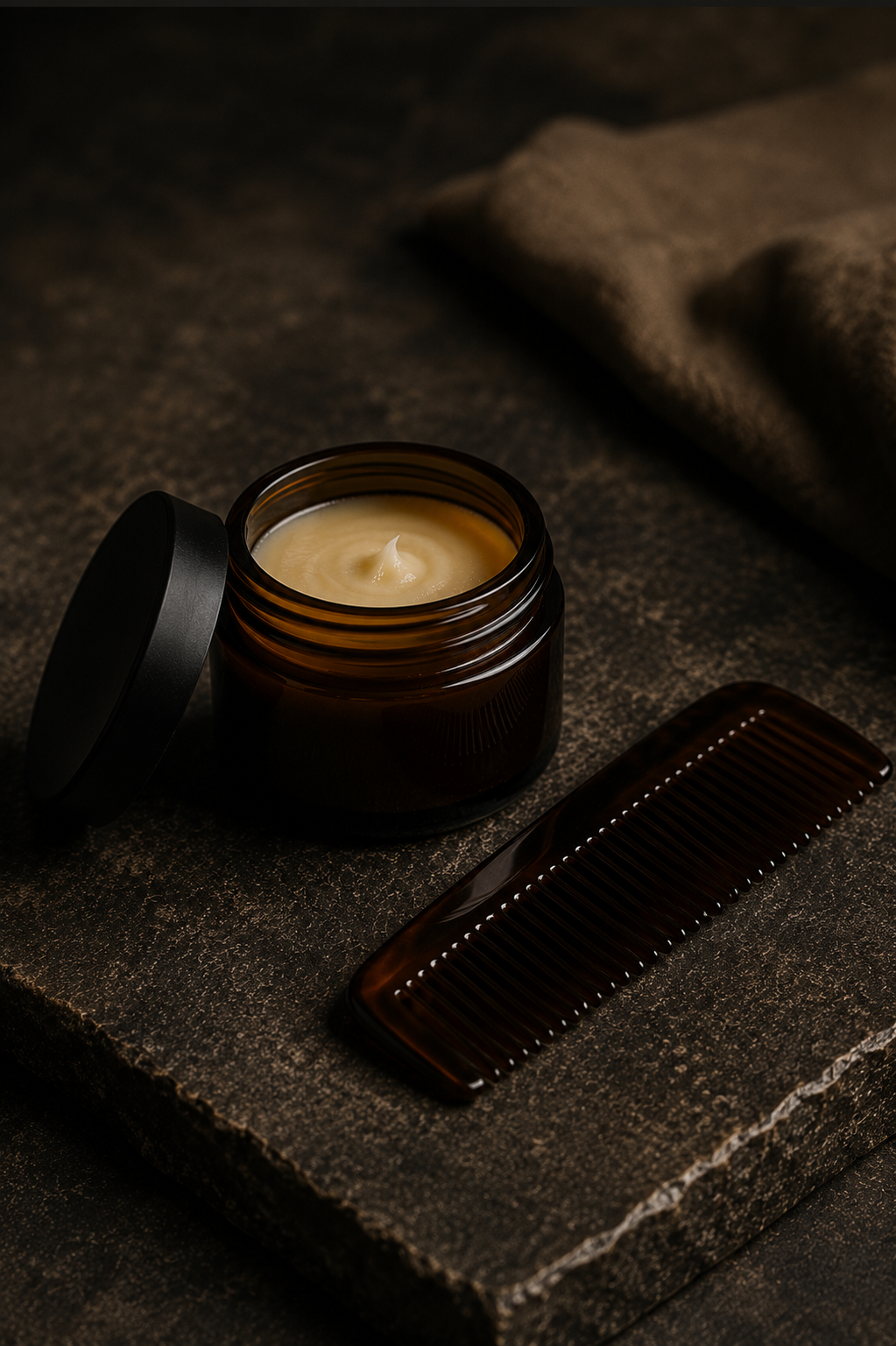 A dark amber jar of hair pomade with the lid off, placed on a textured dark surface. A brown comb is beside it, and a fabric cloth is in the background.
