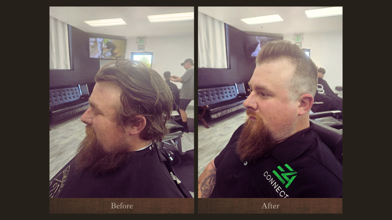 Side-by-side comparison of a man before and after a haircut, showing a full beard and hairstyle change. The 'before' image features longer, wavy hair and a full beard, while the 'after' image shows a short, styled haircut with a trimmed beard inside 