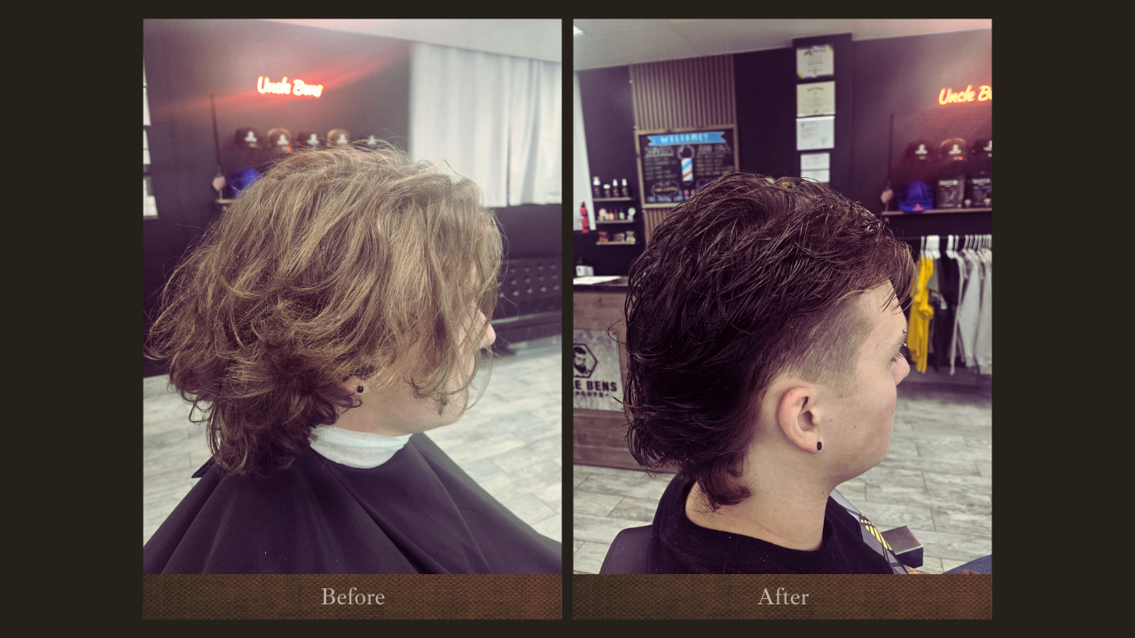 Side-by-side comparison of a woman's hairstyle before and after a haircut and style. The 'before' shows a woman with medium-length, wavy, light brown hair, while the 'after' shows the same woman with a short, voluminous, dark hairstyle with shaved si