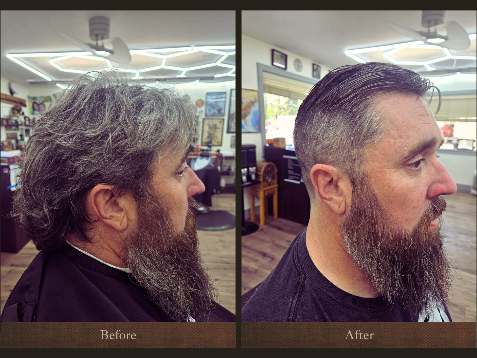 Side-by-side comparison of a man before and after a haircut, showing a notable difference in hairstyle and grooming. In the before image, he has longer, curly hair and a full beard, while in the after image, his hair is shorter and neatly styled, with a groomed beard.