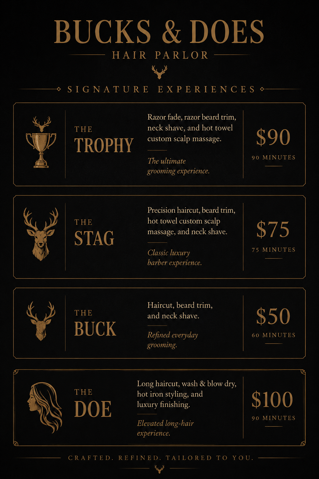 Menu for Bucks & Does Hair Parlor with four services: The Trophy for $90, The Stag for $75, The Buck for $50, and The Doe for $100, each with descriptions and durations, including illustrations of a trophy, deer head, and a woman's silhouette.
