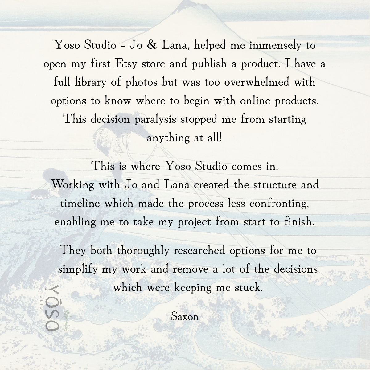 A handwritten testimonial about Yoso Studio and the collaboration with Jo and Lana, featuring a scenic, light blue watercolor background with a mountain and landscape illustration.