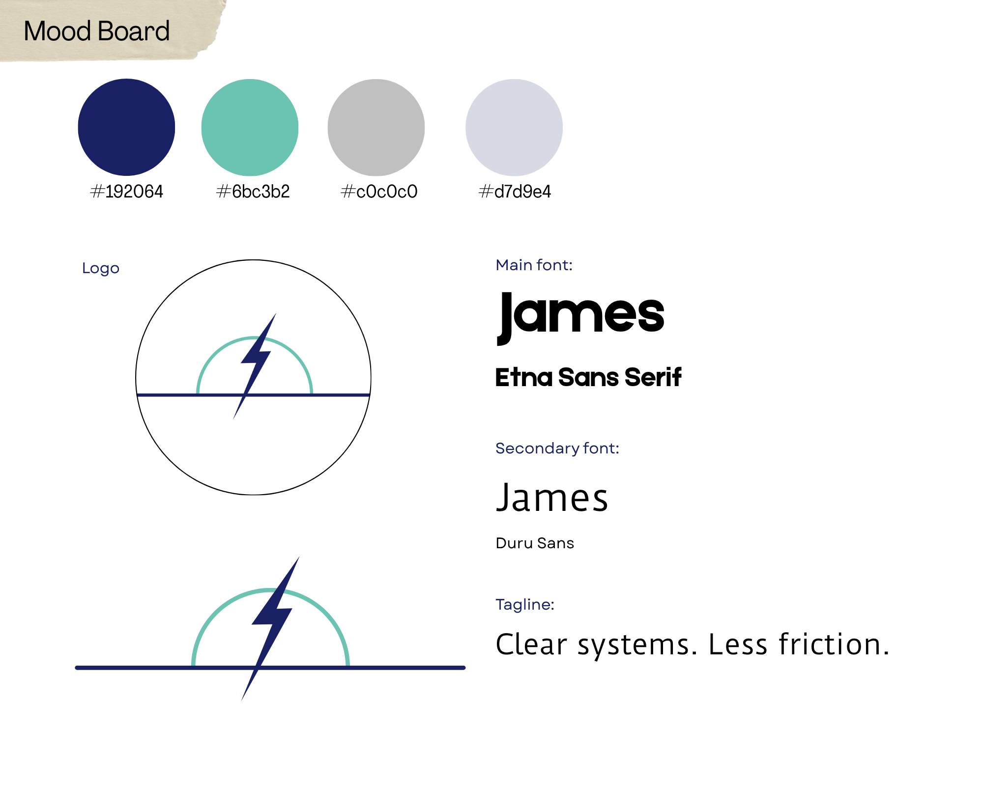 A mood board sheet featuring a color palette of four colors with their hex codes, a logo with a lightning bolt inside a circle, and text that indicates a design theme around clear systems with less friction, using different fonts and font sizes.