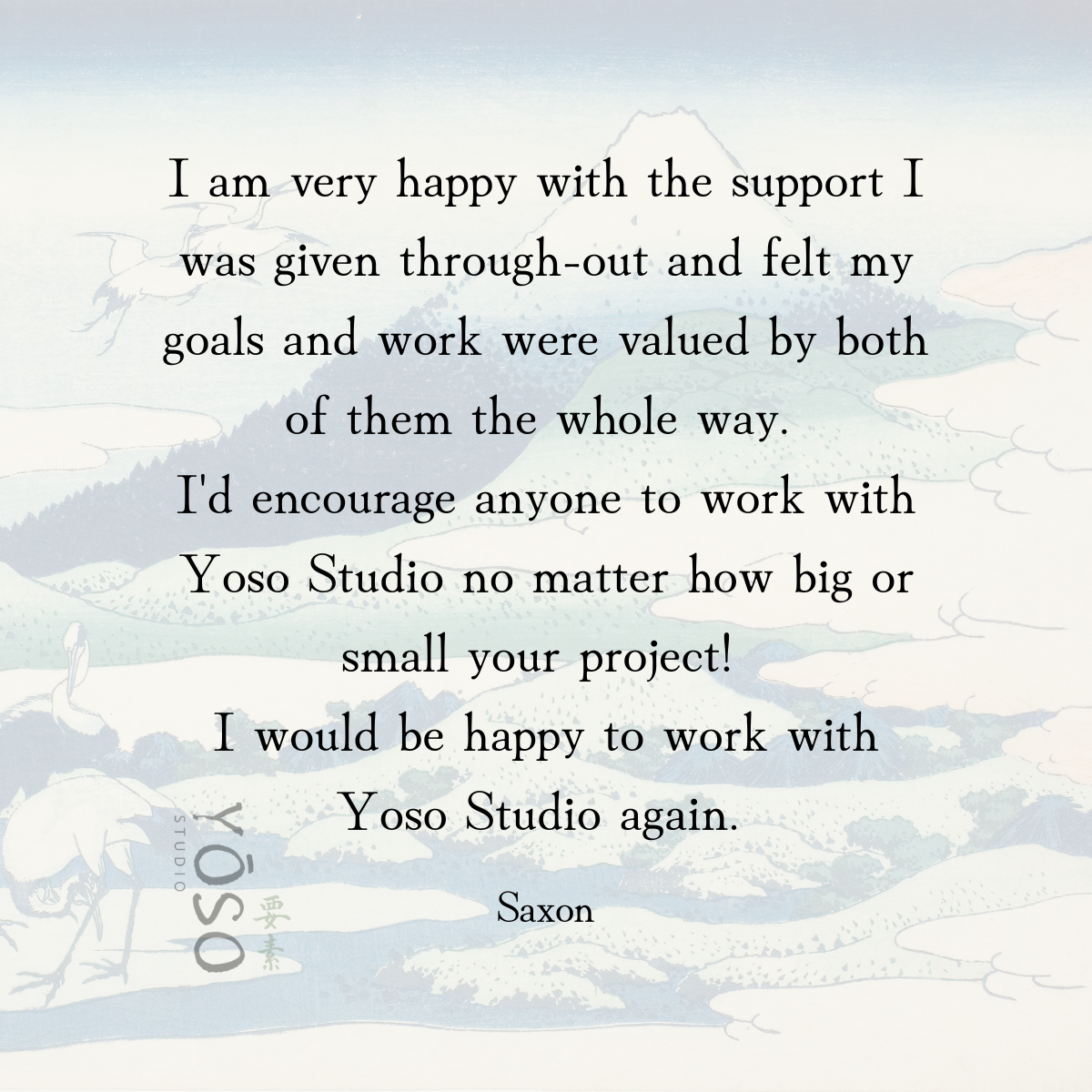 A thank you note with a faint background illustration of a traditional Japanese landscape with mountains, trees, and cranes.