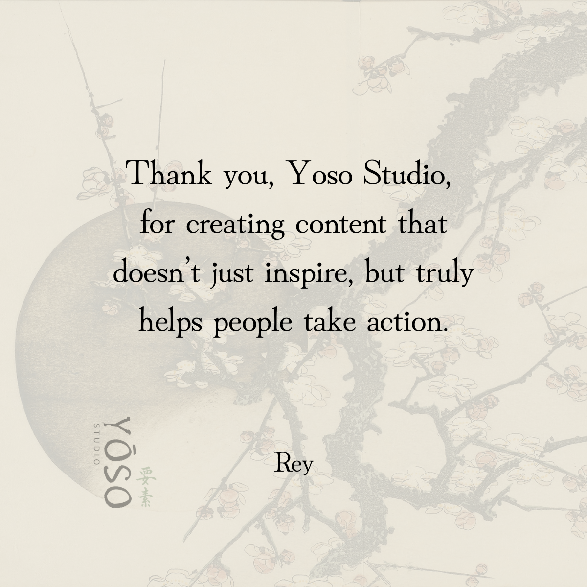 Thank you note over a faint traditional Japanese artwork background to Yoso Studio about their creative content and inspiring people to chase their self-employment dreams