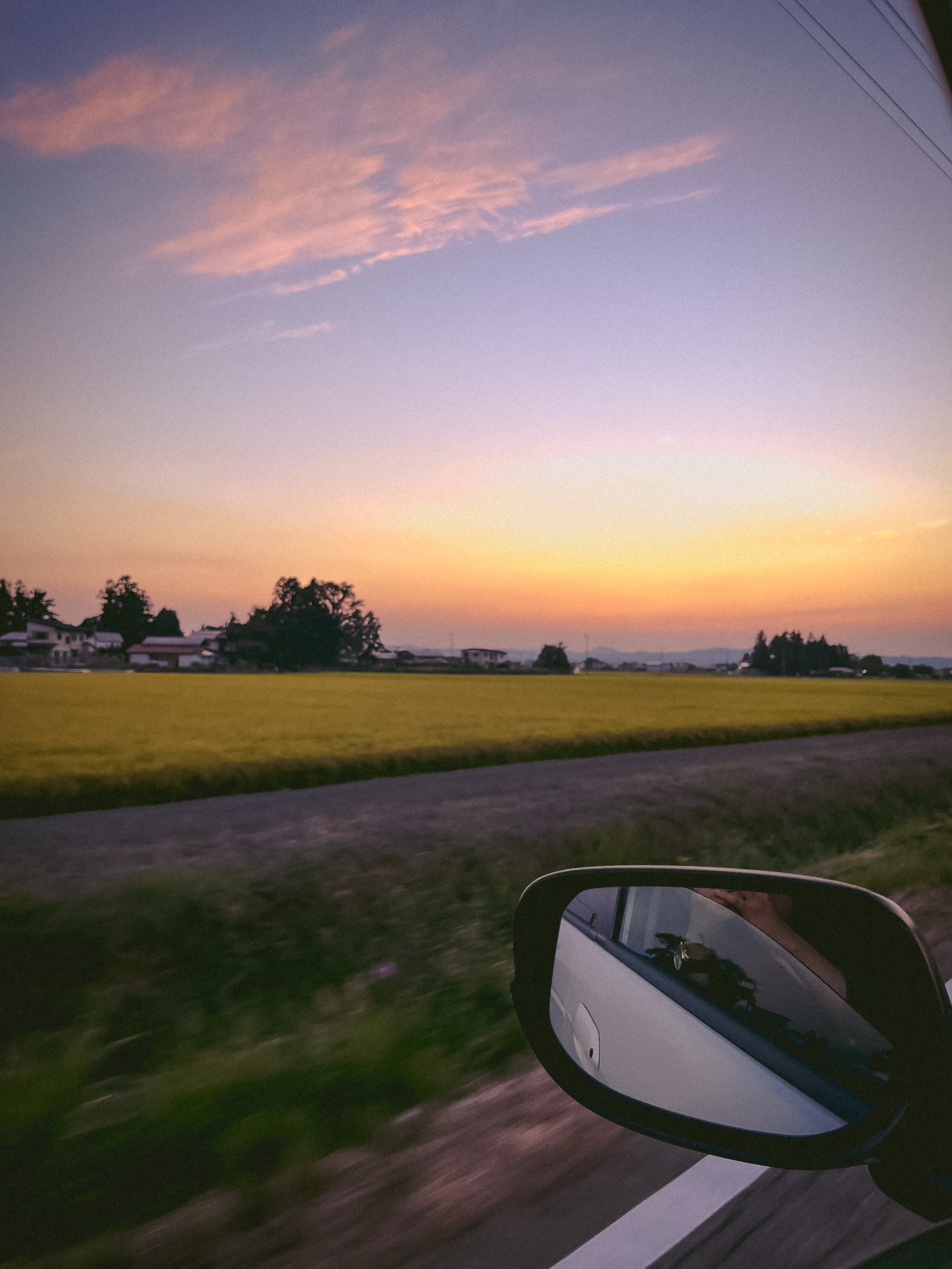 A view from inside a moving vehicle shows a sunset sky with pink and purple clouds, houses, and trees outside. A side mirror reflects the road behind.