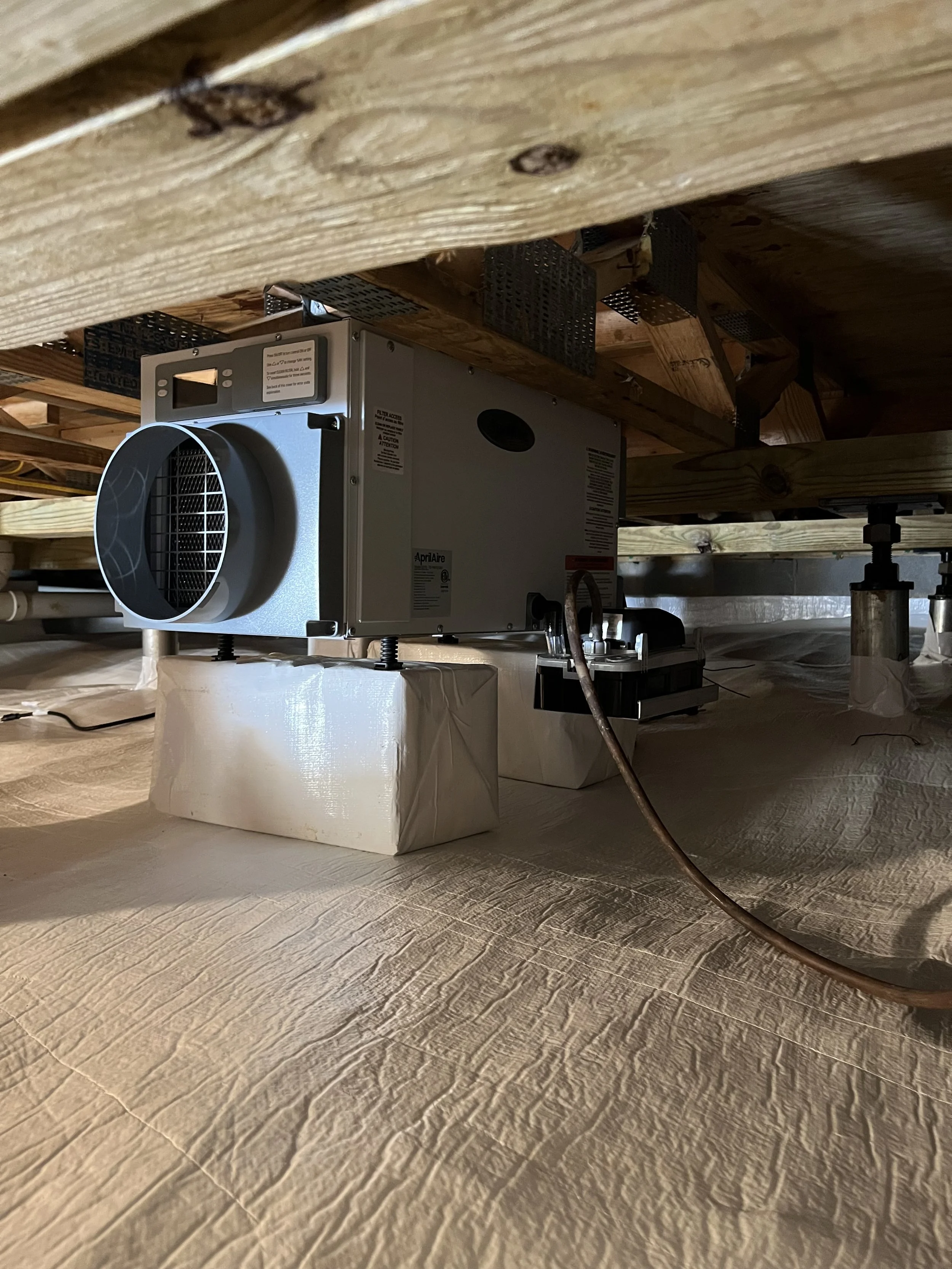 View of a crawl space with wooden beams and a white dehumidifier placed on a block of foam, with a duct attached to it, and a power cord running along a textured wooden floor.