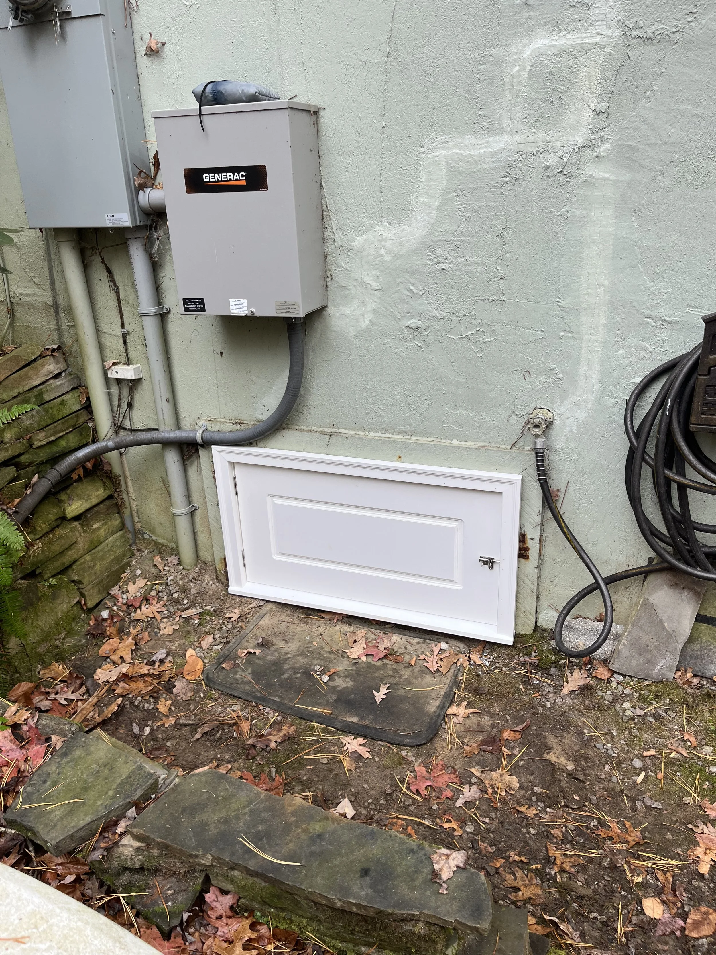 Outdoor electrical generator box mounted on a wall, with electrical cords on the ground surrounded by dry leaves and moss-covered stones.