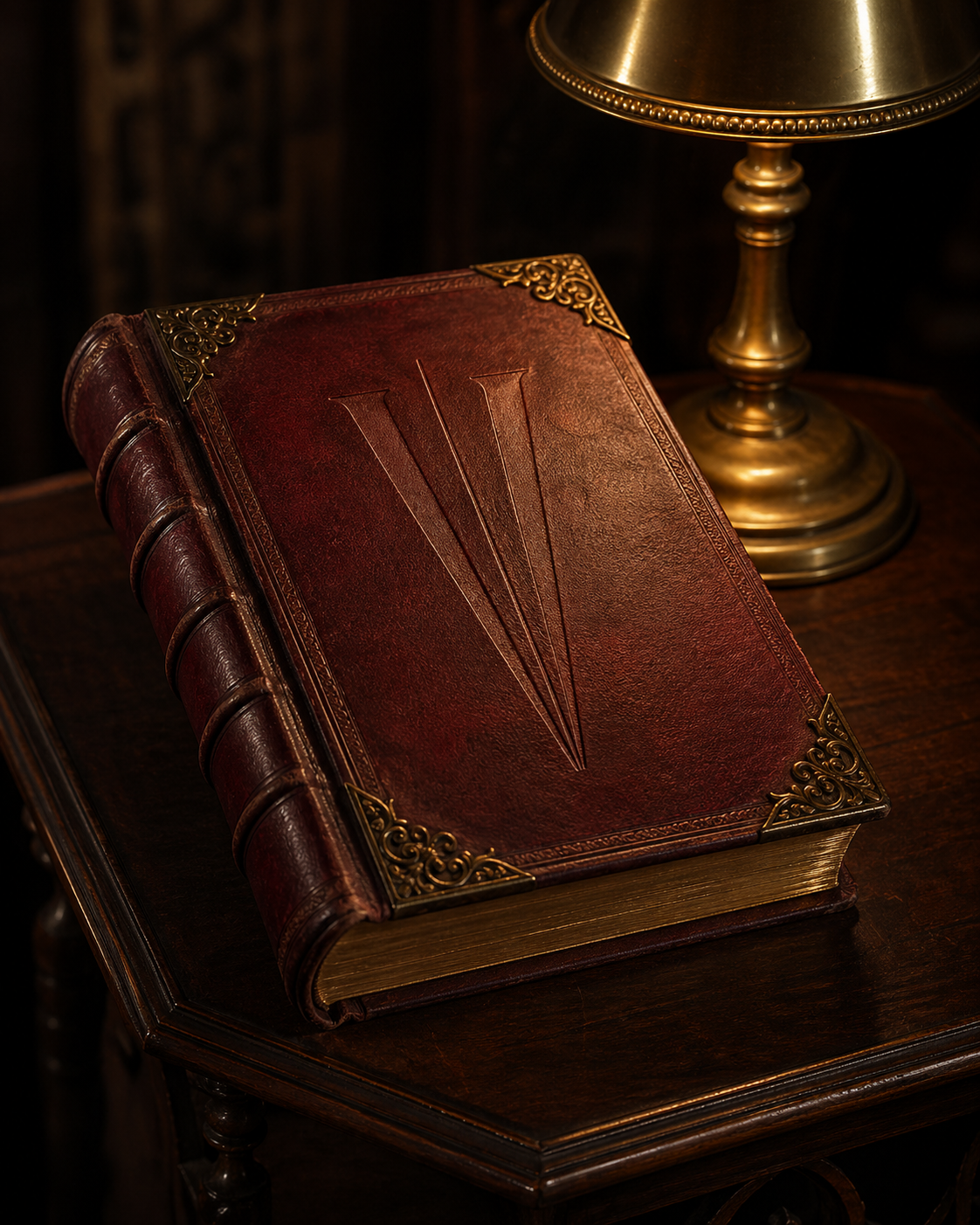 An ornate leather-bound book with gold embellishments on the corners is placed on a dark wooden table next to a brass lamp.