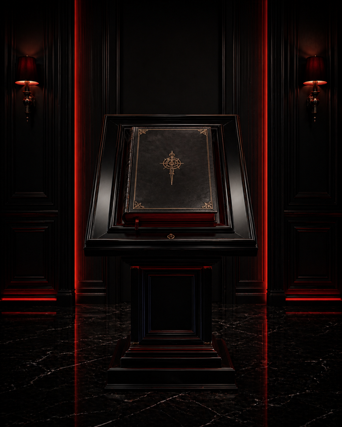 A dark, luxurious room with black walls and red accent lighting. Centered is a large, ornate black book with gold detailing on a black stand, displayed on a black table. Two black wall sconces with red lampshades are mounted on either side of the book, illuminating the room with a warm glow.