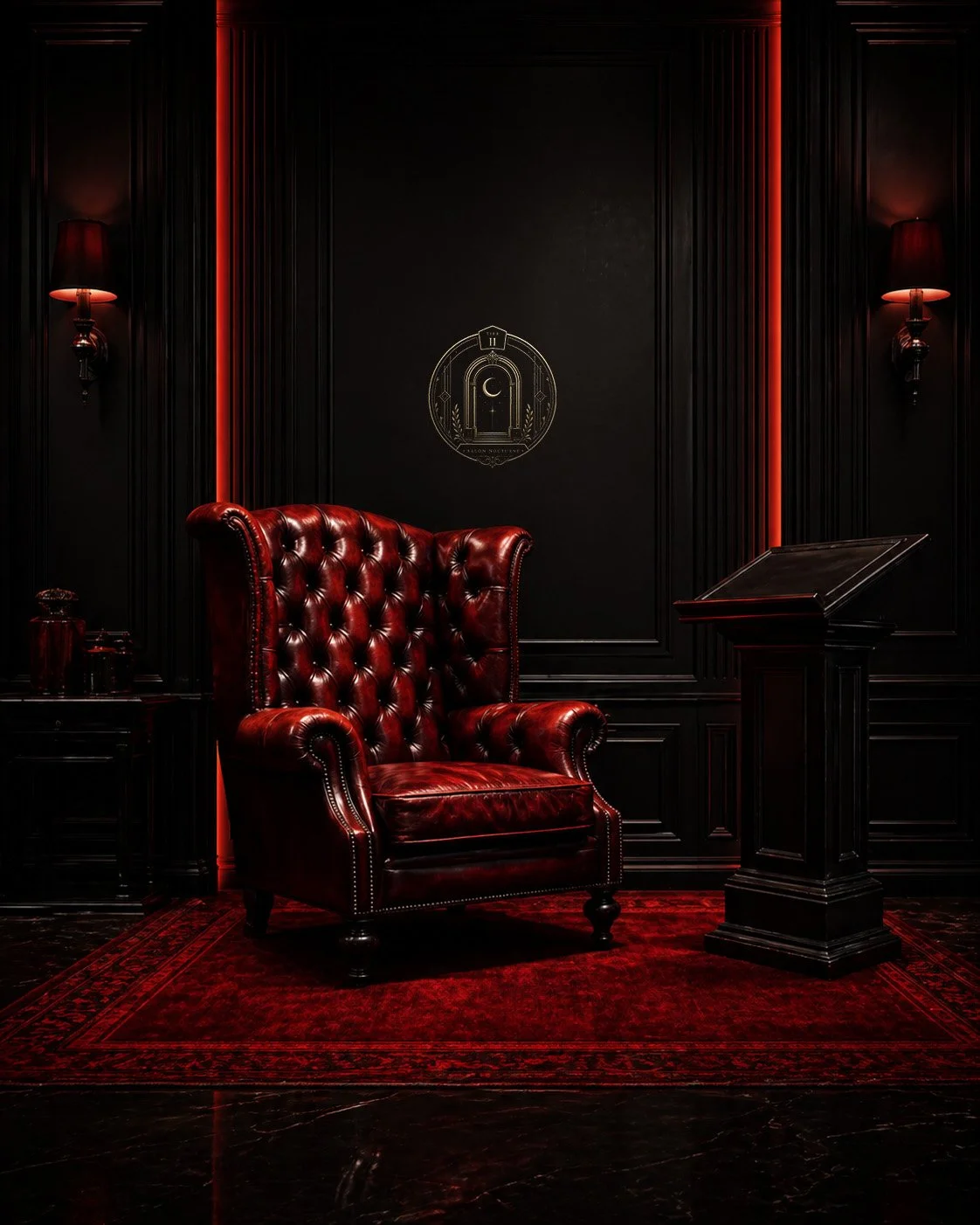 A luxurious, dark-themed room with a red leather armchair, black walls with red lighting accents, a podium, a decorative wall emblem with a crescent moon, and a red patterned rug.