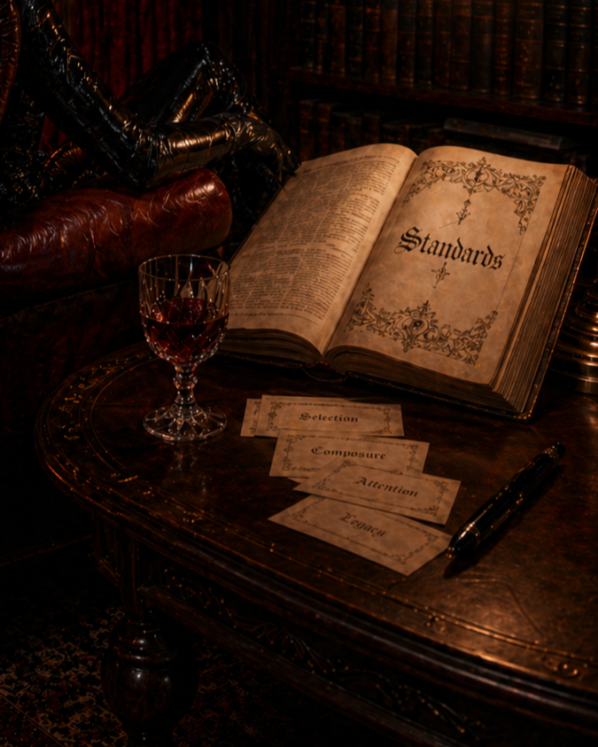 An open old book titled 'Standards' on a wooden table, with a glass of red wine, several old-looking cards with words like 'Selection', and a black fountain pen. The setting is dimly lit with a dark, vintage ambiance.