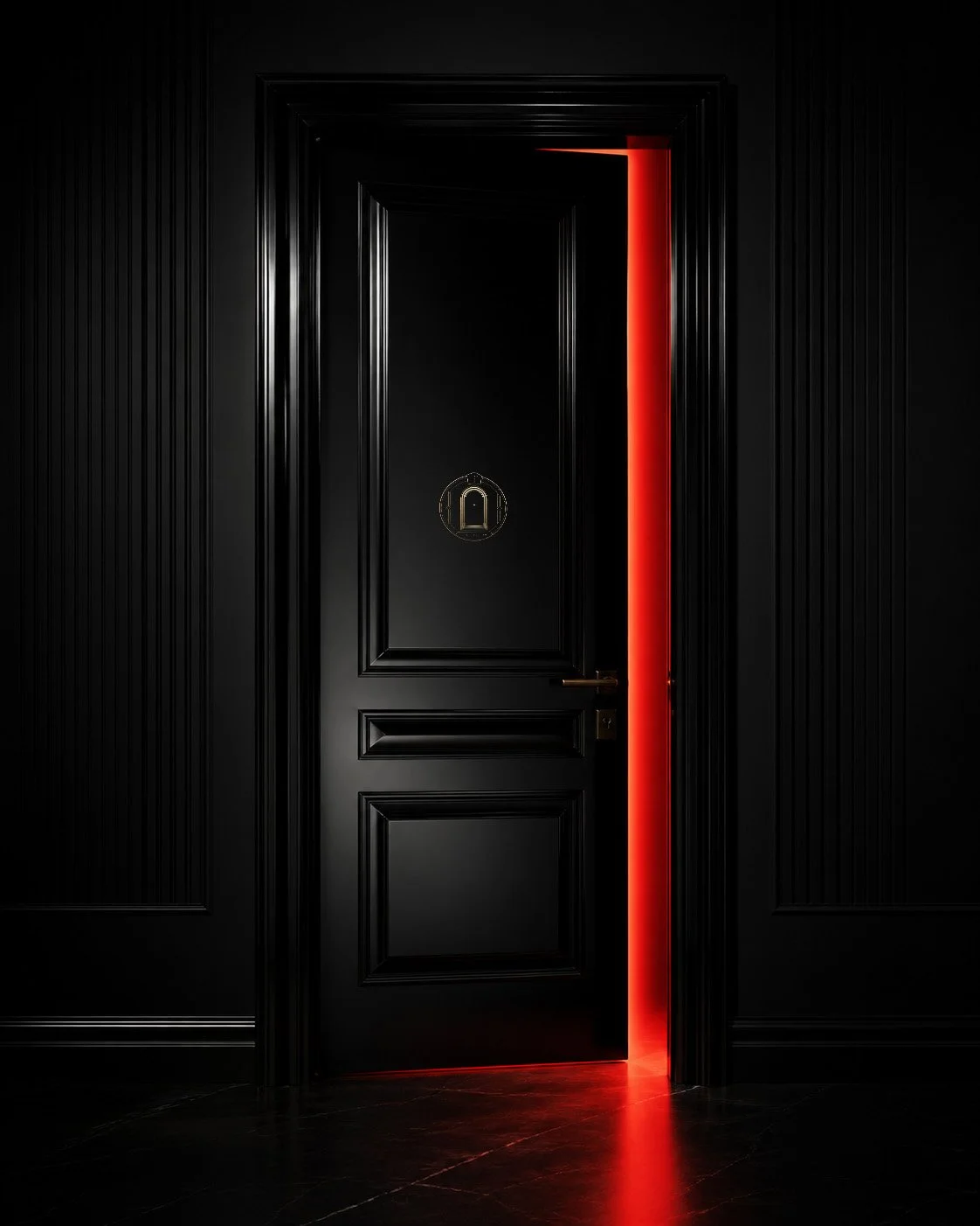A black door with gold accents slightly open, revealing a red glow emanating from within, set in a black paneled wall.
