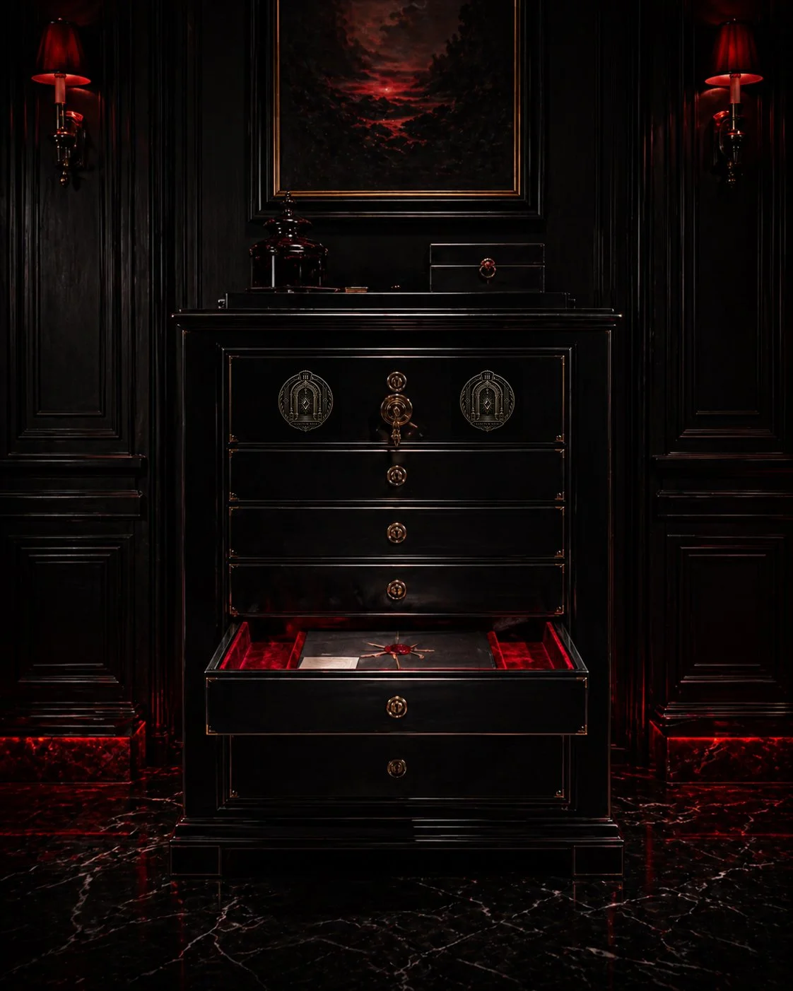 A black, vintage-style cabinet with gold accents in a dimly lit room. Red lamps on either side cast a warm glow, and a dark landscape painting is hanging above the cabinet. The cabinet's drawer is open, revealing a red interior with a compass and a paper inside.