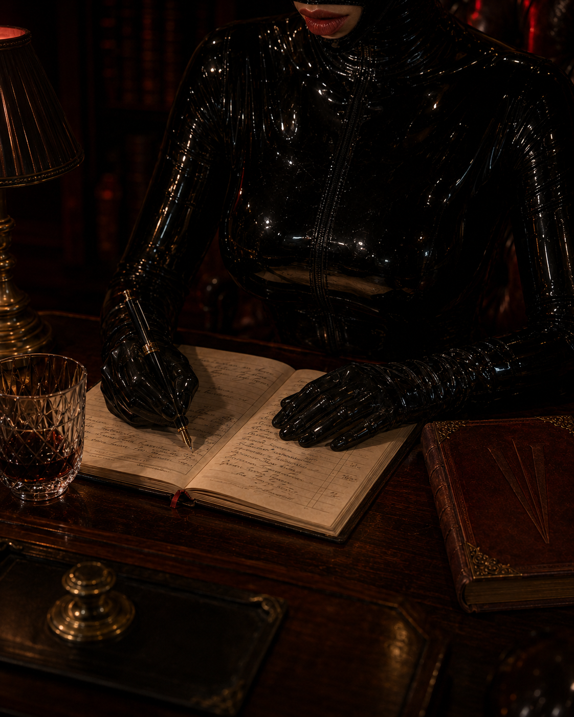A woman wearing a shiny black latex catsuit and latex gloves is writing in a vintage journal with a gold pen. The scene is dimly lit with a lamp and a glass of red wine on a dark wooden desk.