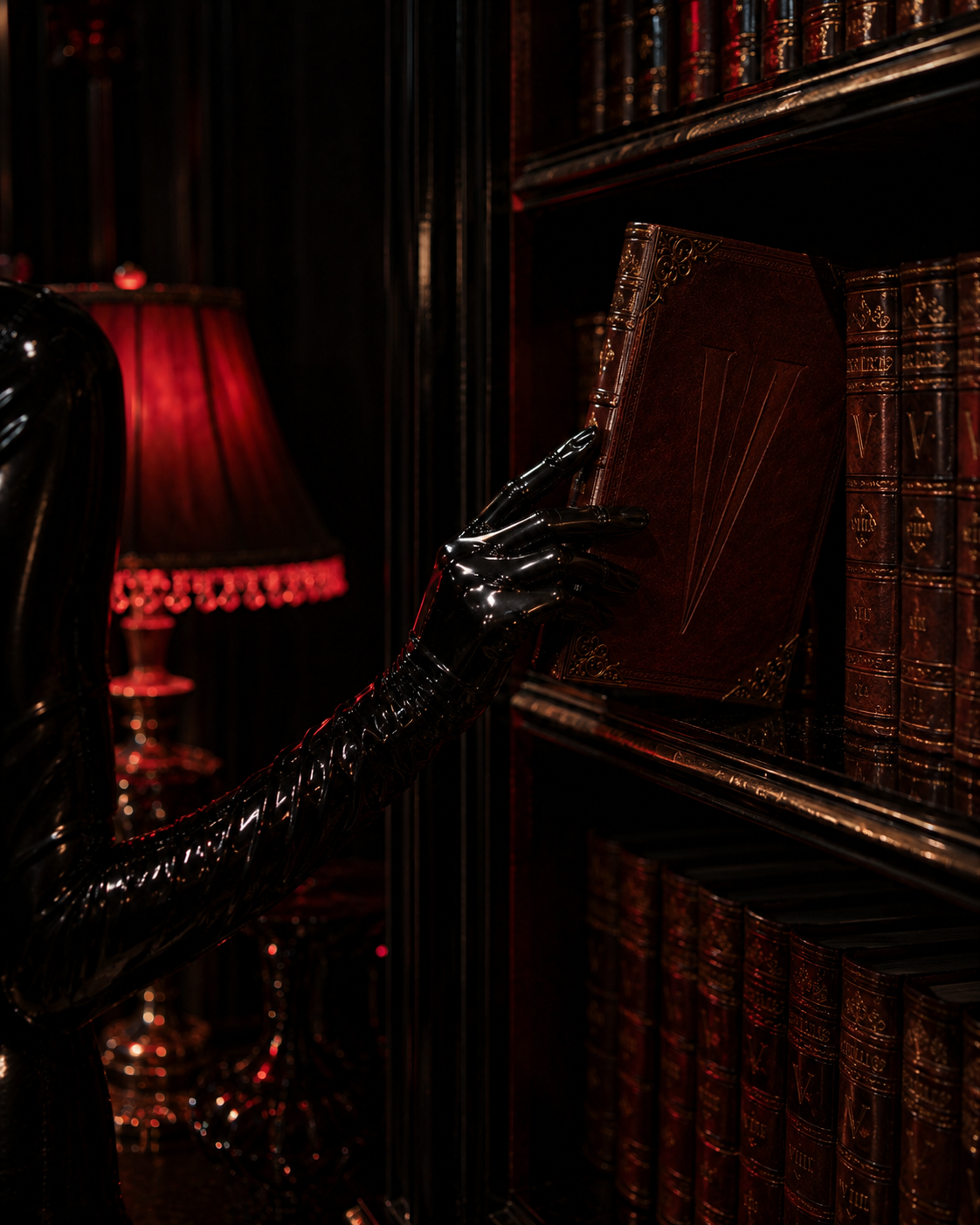 A black, shiny, robotic hand reaching for a leather-bound book on a dark wooden bookshelf, with a red lampshade in the background.