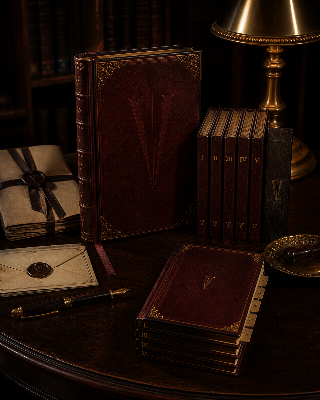A collection of leather-bound books with Roman numerals, a parcel wrapped with a seal, and a vintage fountain pen on a dark wooden desk illuminated by a brass lamp.