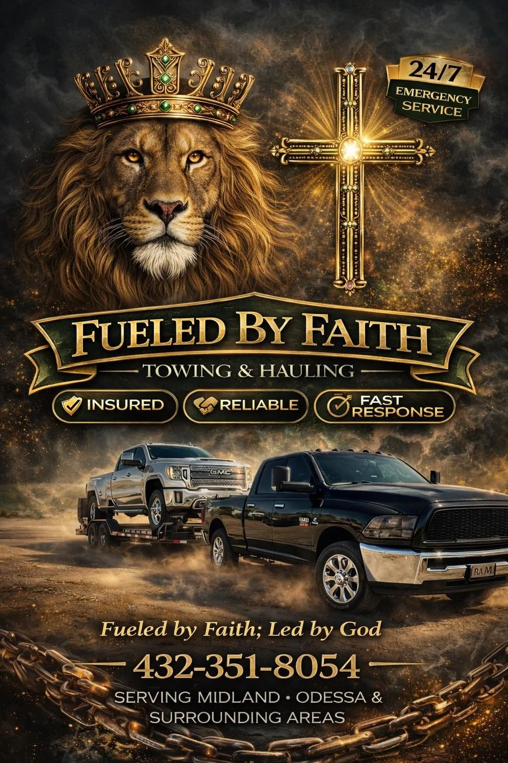 An advertisement for a towing and hauling service featuring a lion wearing a crown, a golden cross, and images of trucks. The ad emphasizes faith, reliability, and fast response, with contact information and service areas.