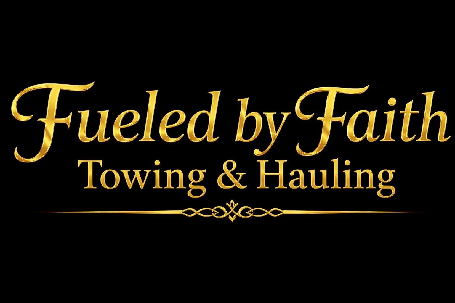 Gold text on black background reading "Fueled by Faith Towing & Hauling" with decorative gold line below.