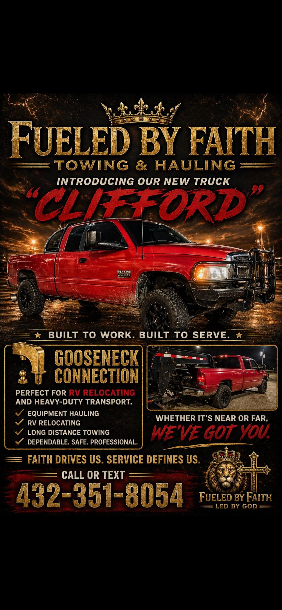 An advertisement for Fueled by Faith Towing & Hauling featuring a red truck and promoting their new truck called 'Clifford'. The ad highlights services like equipment hauling, RV relocating, and long-distance towing. The company's contact number is 4