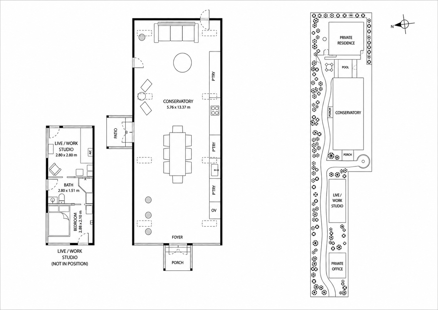 Site Plan of Conservatory Residency located in Caulfield North. It shows a winding garden path that guides visitors past a private office; a live/work studio; conservatory and private residence. 