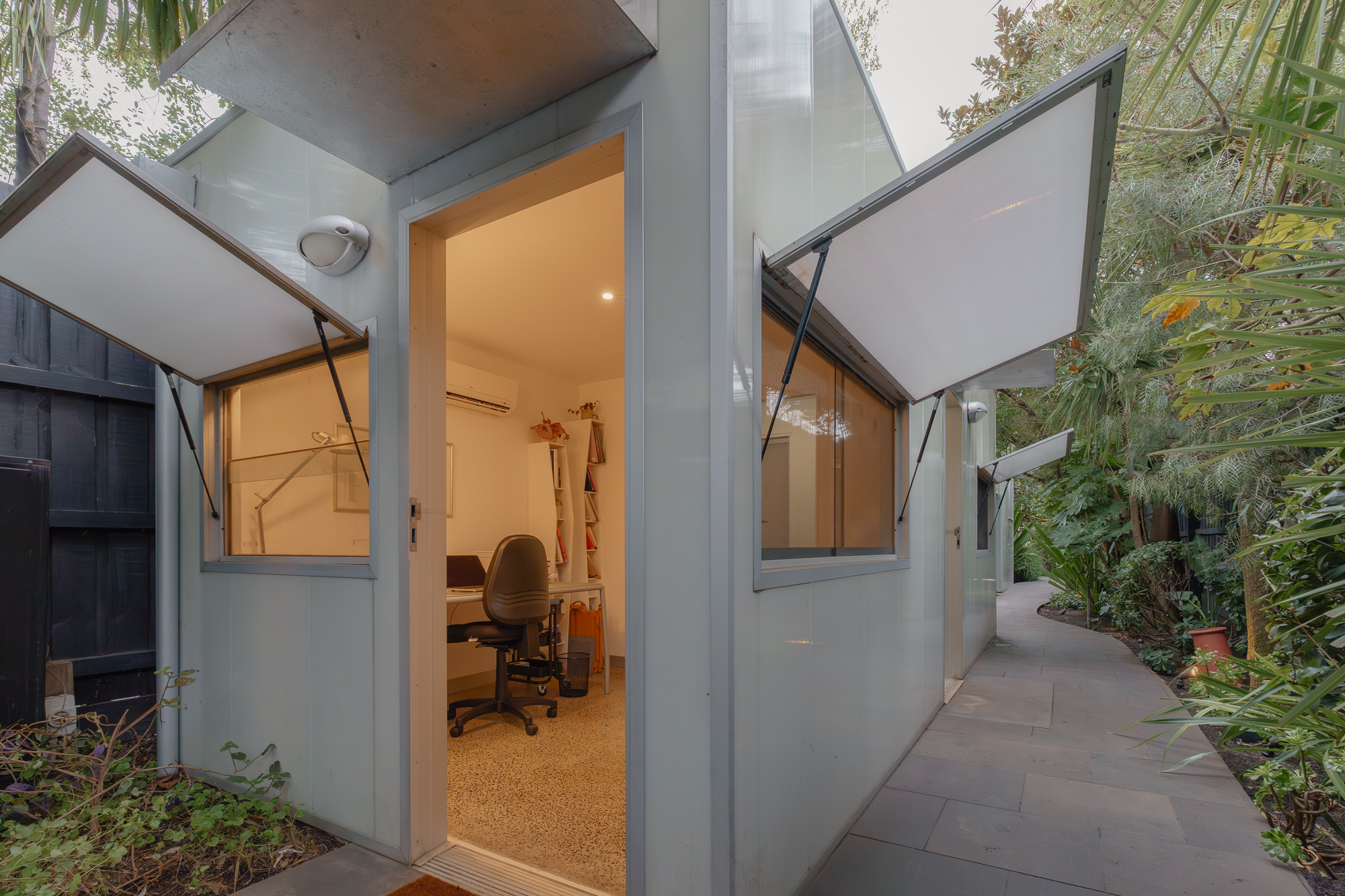 Exterior of the studio at Conservatory Residency. It is a modular architectural building. 