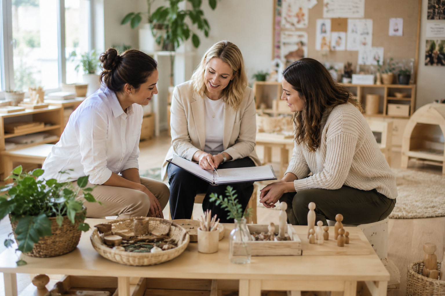 Three women sitting around a table discussing and looking at a photo album in a craft or pottery studio.