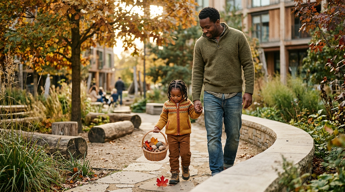 A man and young girl walking hand in hand on a curved stone path in a park during autumn. The girl is holding a basket of fall leaves and decorative stones, wearing a yellow patterned jacket, while the man is dressed in a green sweater and jeans. The background features trees with colorful fall foliage and other park visitors sitting on benches.