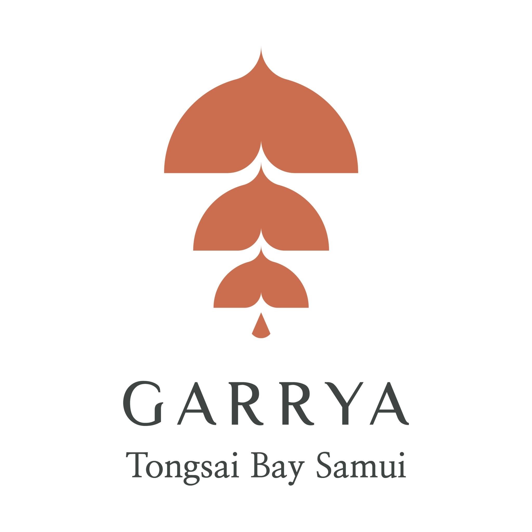 A logo featuring a stylized, abstract seed or sprout with a brown color, above the words 'GARRYA' in large black capital letters, and below that, 'Tongsai Bay Samui' in smaller gray font.