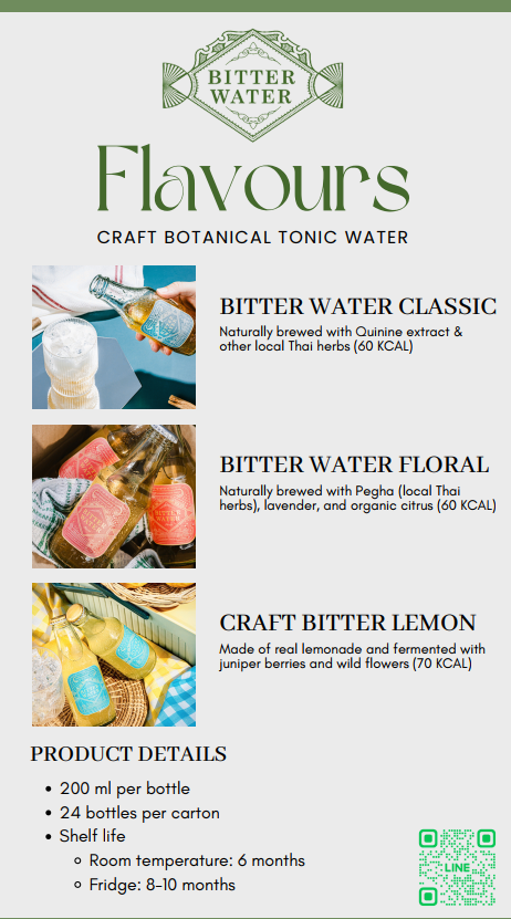 Labels for three types of craft botanical tonic water: Bitter Water Classic, Bitter Water Floral, and Craft Bitter Lemon, with descriptions and images of the bottles.