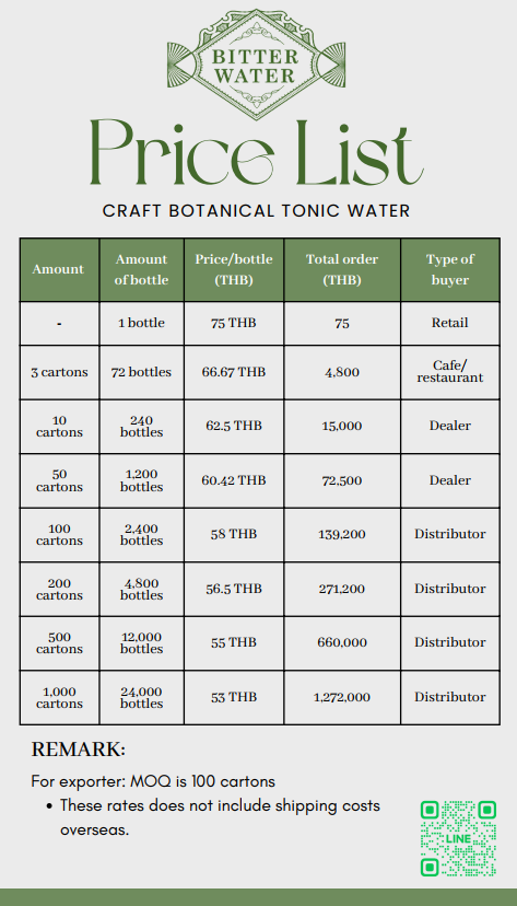 Price list for craft botanical tonic water showing quantities, price per bottle in Thai Baht, total order in Baht, and buyer type, with remarks about export minimum order quantity and shipping costs.