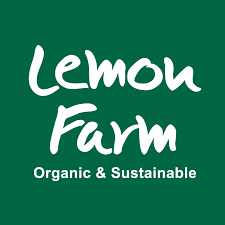 Logo for Lemon Farm, featuring the company name in white text on a green background with the tagline 'Organic & Sustainable'.