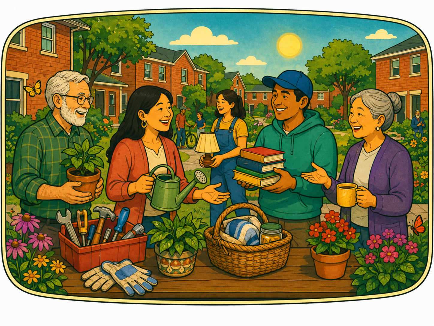Group of diverse people enjoying a gardening scene in a community garden with colorful flowers, plants, and tools, under a sunny sky.