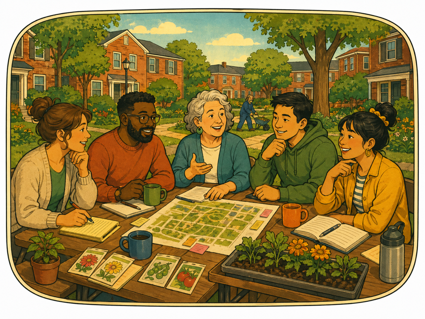 A diverse group of five people gathered around a table outdoors, engaged in a community gardening meeting, with plants, gardening notes, and a map on the table, in a neighborhood park with trees, flowers, houses, and a person pushing a wheelbarrow in the background.