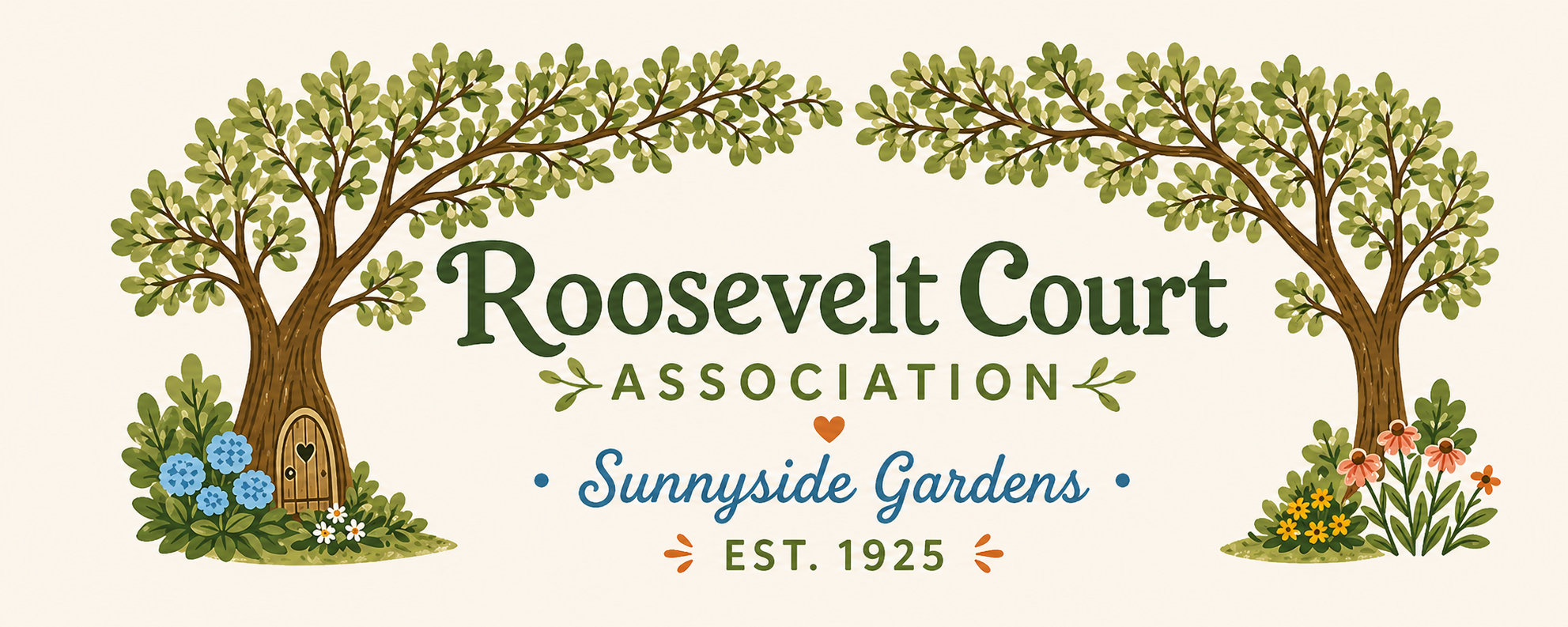 Illustrated sign with two trees, a door in one tree, flowers, and text that reads "Roosevelt Court Association, Sunyside Gardens, Est. 1925".