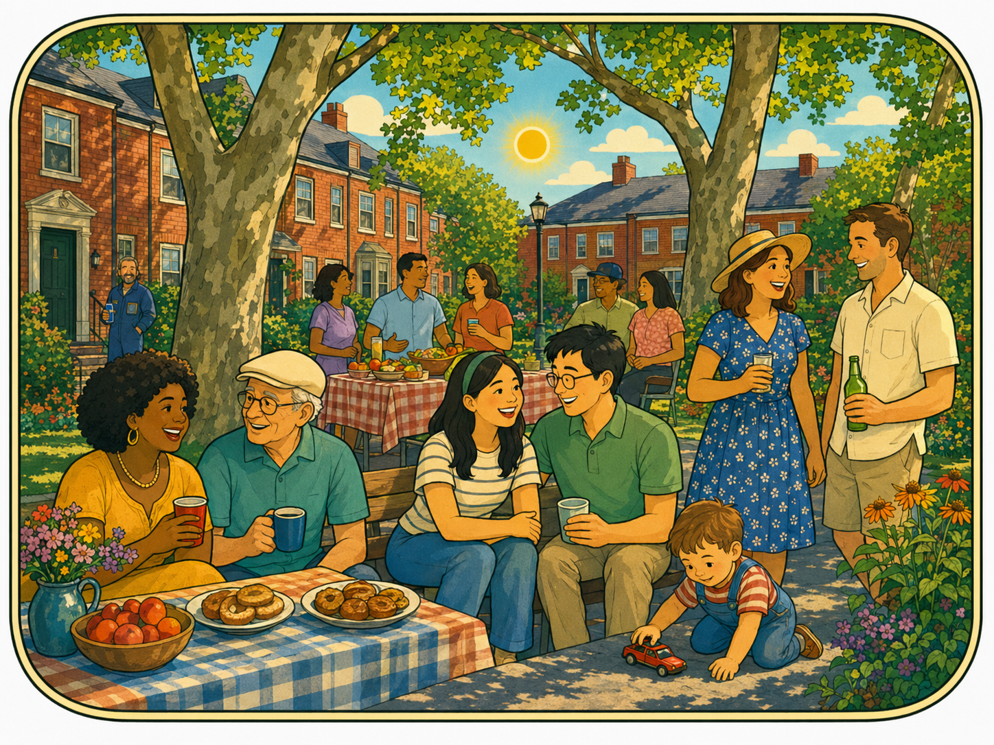 A lively outdoor gathering in a neighborhood park during daytime with people socializing, sitting at a picnic table with food, and playing with a toy car, surrounded by trees and brick houses.