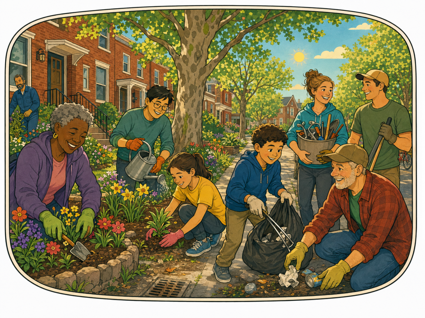 Group of diverse volunteers working together to plant flowers and clean up a neighborhood garden on a sunny day