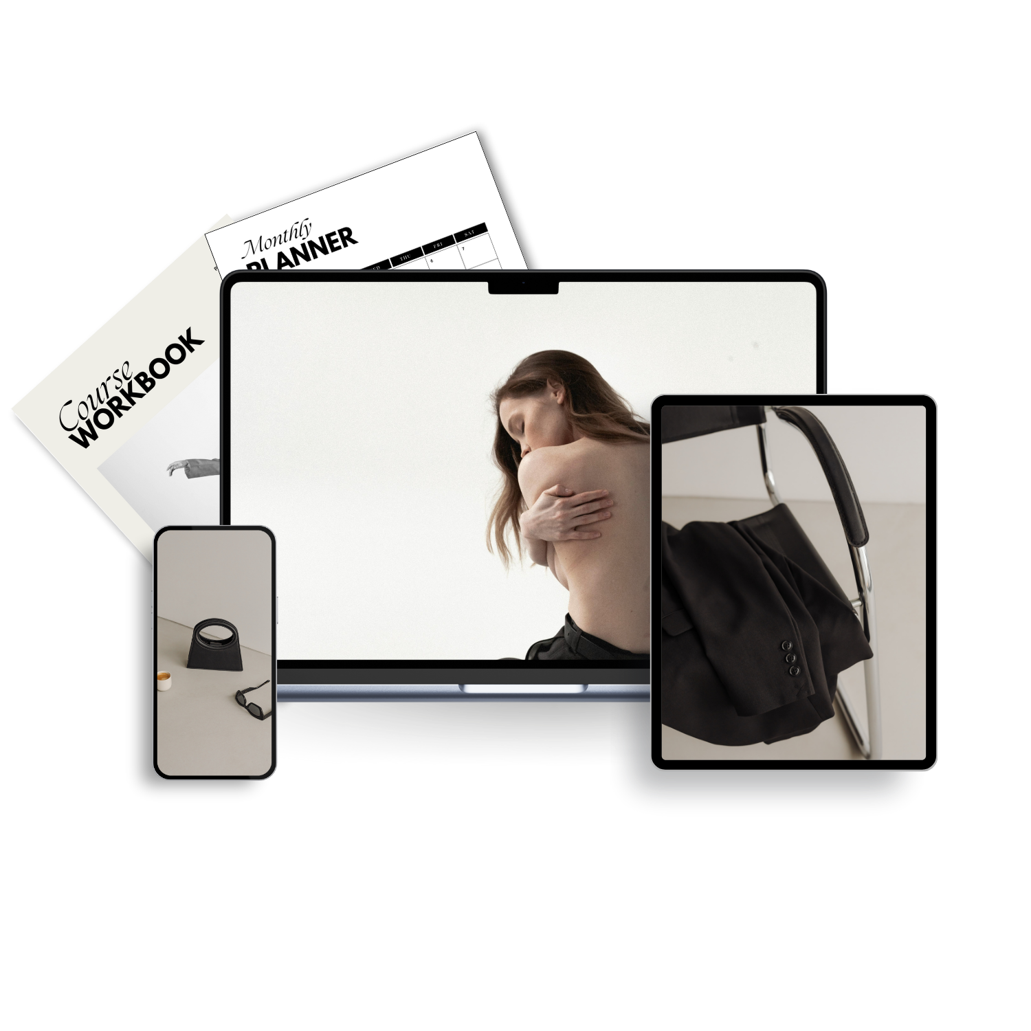 Multiple electronic devices display photos of a woman with long hair, sitting with her eyes closed and her arms crossing her chest, with a white background. Various office supplies, a workbook, a monthly planner, and a handbag with a strap are also visible.