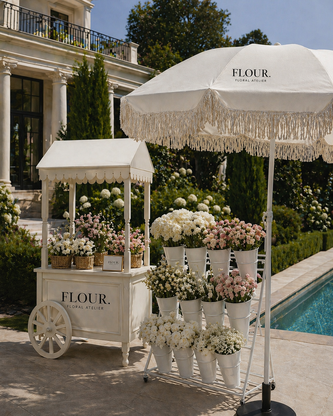 A white flower cart with the words 'FLOUR. FLORAL ATELIER' printed on it is situated by a swimming pool. The cart has baskets of white and pink flowers, including roses and anemones. A white parasol with fringe provides shade over the cart, and there are white buckets filled with flowers, all set against a background of a luxury house and lush greenery.