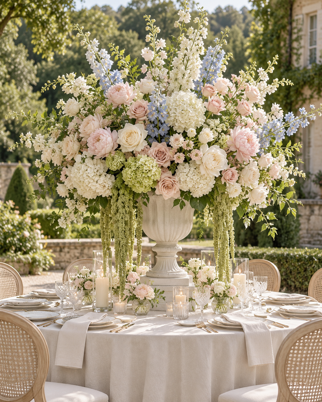 Elegant outdoor table setting with a large floral centerpiece featuring white, pink, and light purple flowers, surrounded by candles in glass holders, set on a white tablecloth with neatly arranged plates, glasses, and gold utensils, on a patio with 