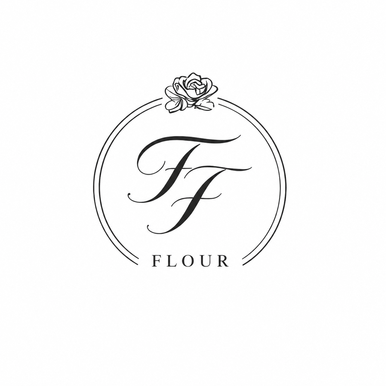 A black and white logo featuring a circular border with a rose at the top, the initials 'FF' in the center in elegant script, and the word 'FLOUR' below in uppercase letters.