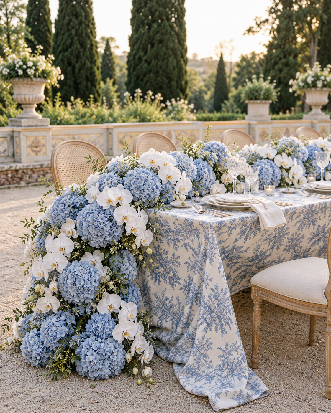 An outdoor dining table decorated with a blue and white damask tablecloth, adorned with a large floral arrangement of blue hydrangeas and white orchids, set with glassware, silverware, and plates. The background shows tall cypress trees and decorativ