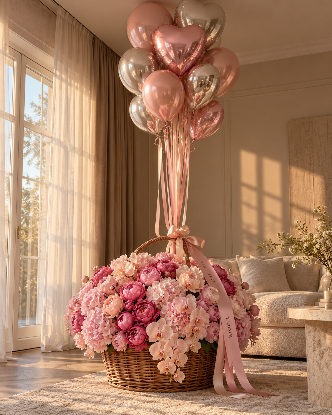 A basket filled with pink and white flowers, topped with pink and silver balloons, placed indoors near a window with beige curtains.